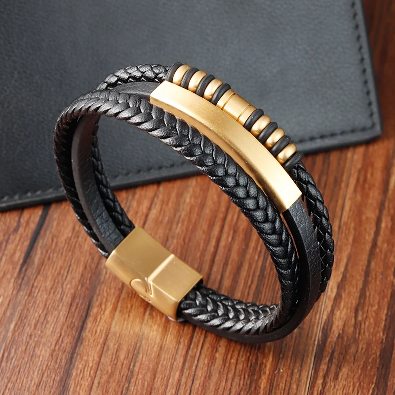 

YUNSE Multi Layers Luxury Gold Genuine Leather Bracelet for Male Magnetic Stainless Bracelet Jewelry For Gift Men Bracelet