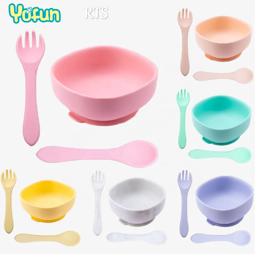 

Square Baby Bowl Silicone Unbreakable BPA Free Toddler Soft Food Grade Containers Feeding Bowls With Spoon And Fork Set