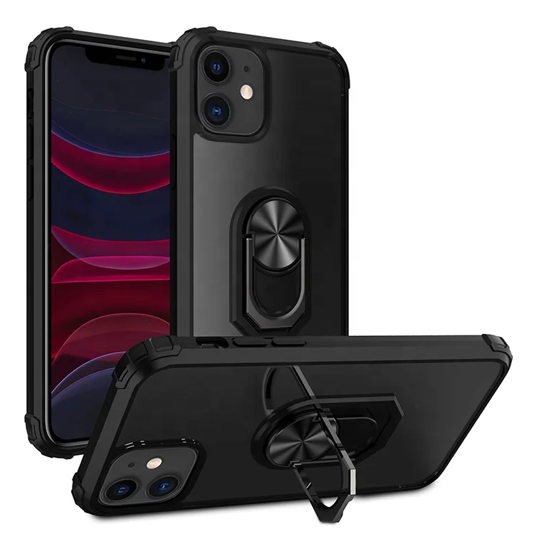 

2 Tone Clear Armor Shockproof Ring Stand Case with Metal Plate Compatible with Magnetic Car Holder for iPhone 13 Pro Max, Black,blue,red
