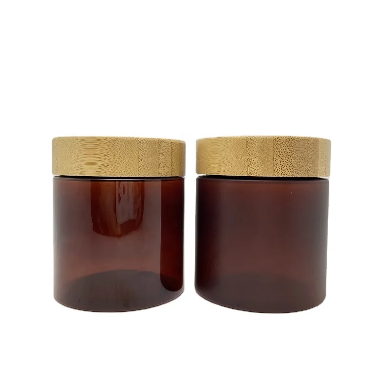 Bamboo Wooden Lid PET Plastic Cream Jar 150g 250ml Brown Frost Amber Body Scrub Container Skin Care Hair Gel Pot