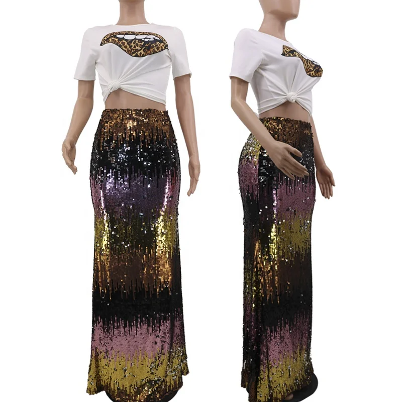 

Custom fashion women's high waist package hip skirt plus size floor length sequin skirt, Gold