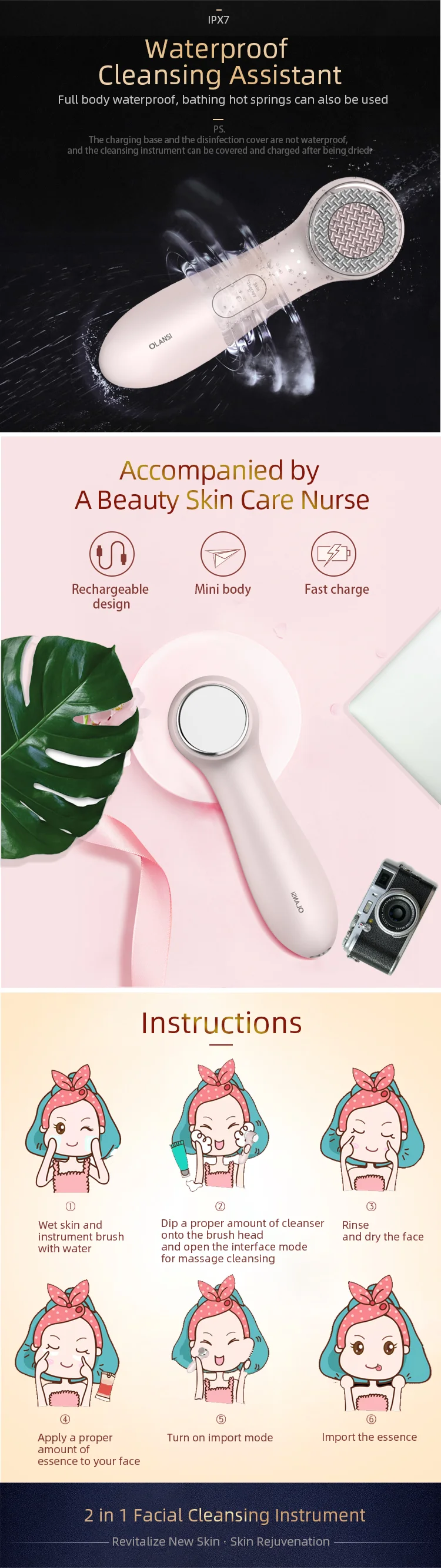 2 in 1 Function Promote Nutrient Absorption Silicon Face Cleaning Cleansing Brush