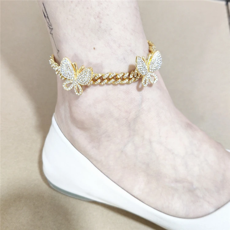 

European Hot Selling Gold Plated Butterfly Ankle Bracelet 9inch 8mm Bling Crystal Cuban Chain Butterfly Anklet