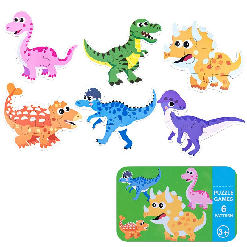 

New top wooden dinosaur puzzles cute kindergarten building puzzles convenient tin box puzzles