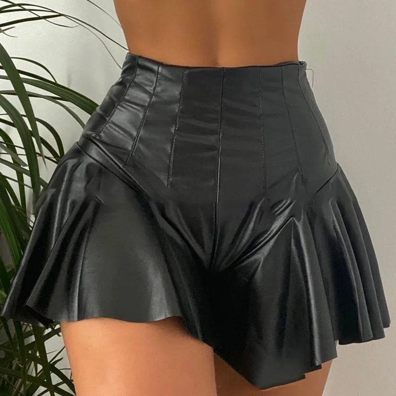 

Stylish Street Wear Short Pants Woman Summer Sexy Pu Ruffle Black Pleated High Waist Trousers -ZR