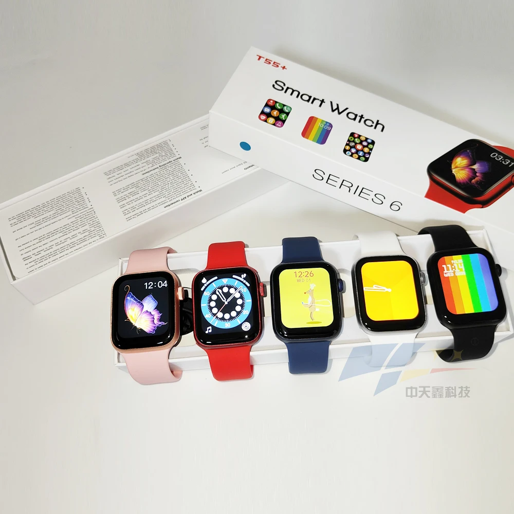 

2021 T55 + smart watch serie 6 Smartwatch blood oxygen Sport health relojes gentes 6 smart watch digital watches, Blue gold black white red