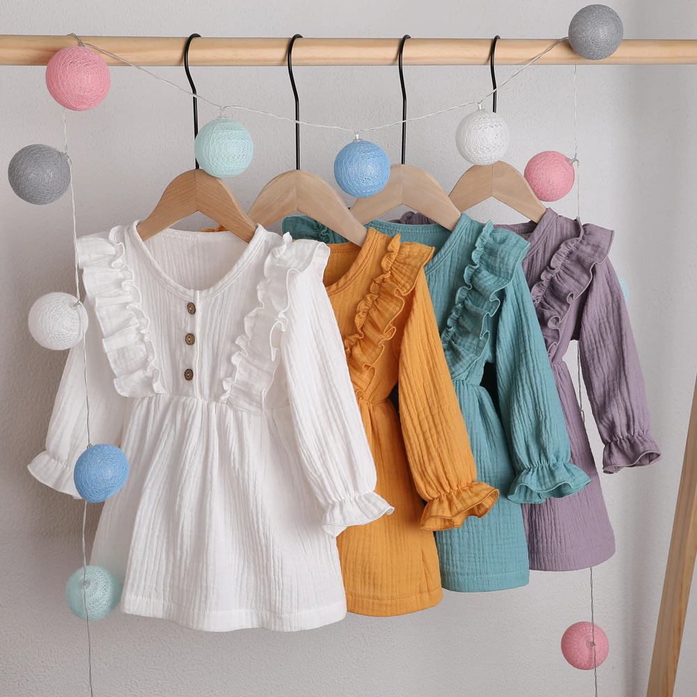 

Spring Autumn Girls Dresses Children Kids Clothing Wholesale Plain Linen Cotton Toddler Baby Girl Dress, Accept customized color
