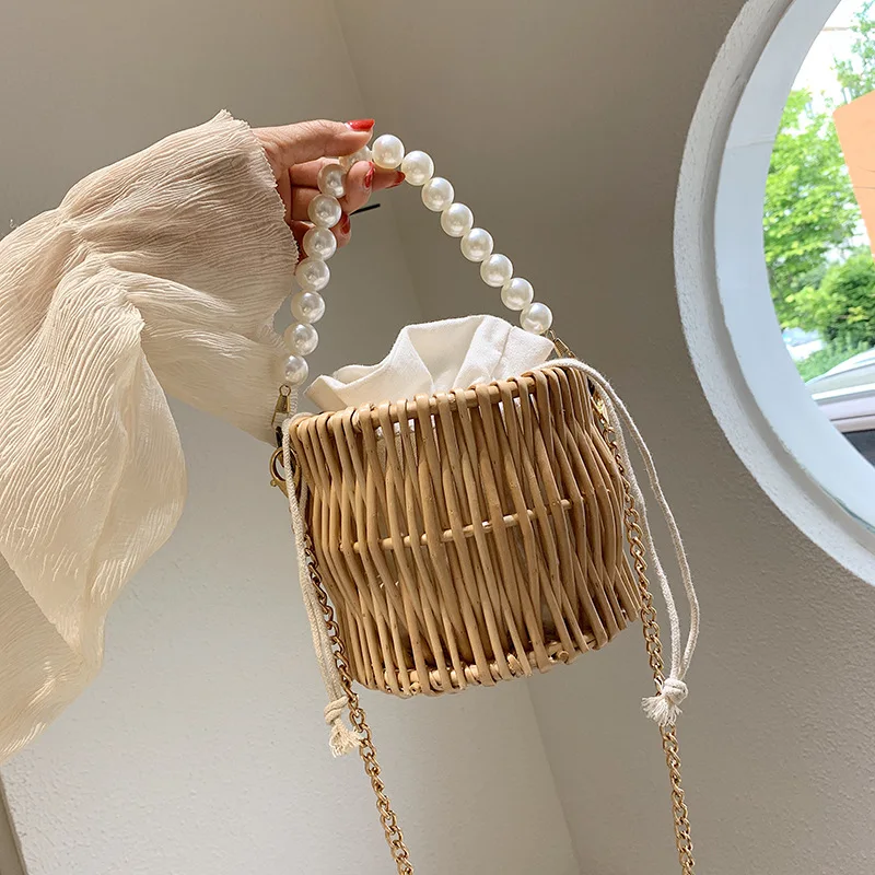 

woven ladies handbag summer new high quality straw woven ladies handbag pearl handle woven crossbody bag, As photo
