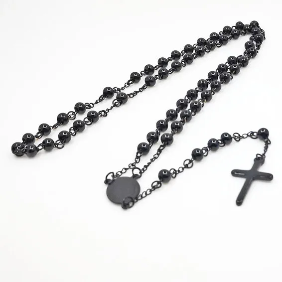 

Unisex Black Stainless Steel Long Rosary Bead Chain Jesus Cross Catholic Crucifix Cross Necklace Men, As pic shown