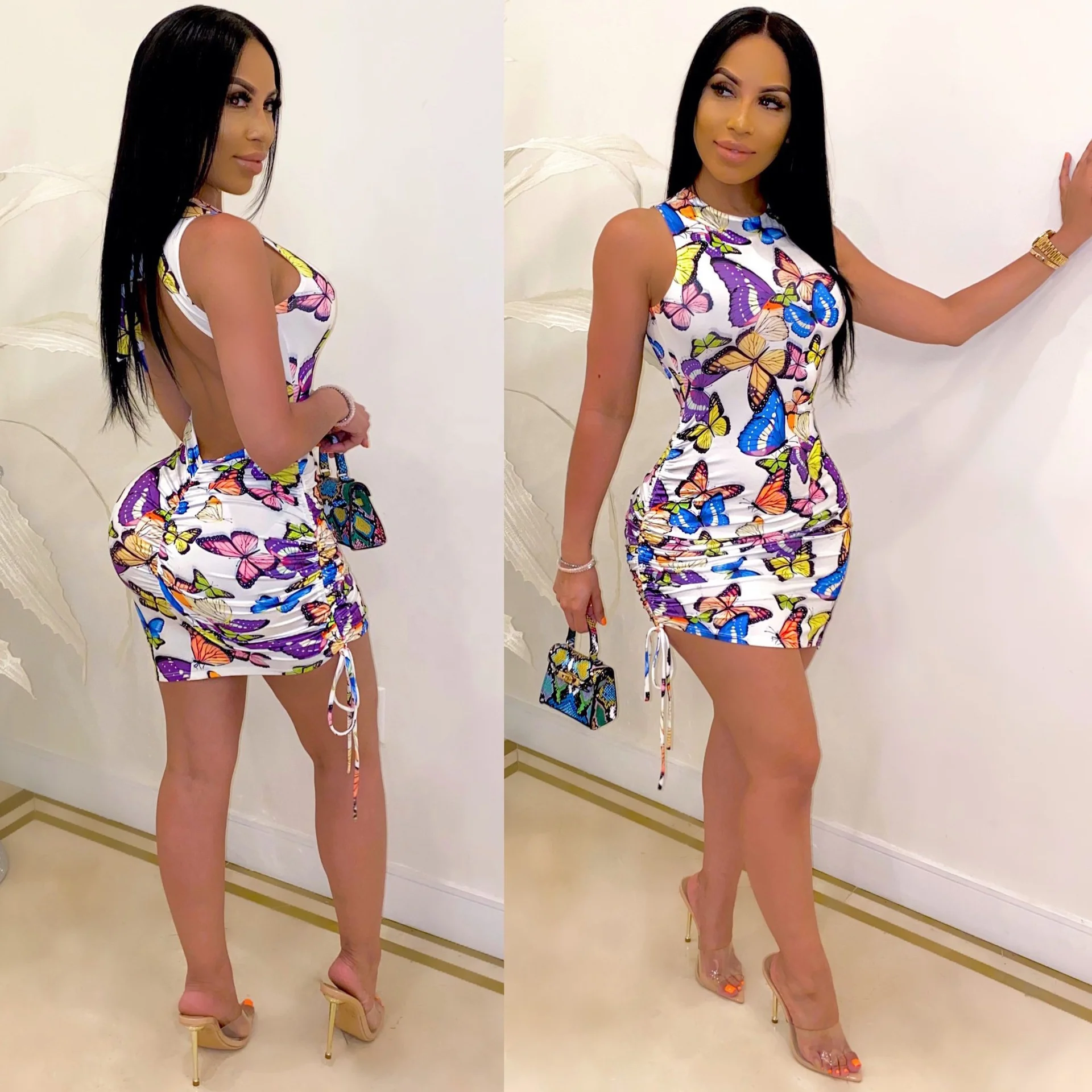 

B50124A Lately design women fashion butterfly printed sexy backless bandage dress, Shown