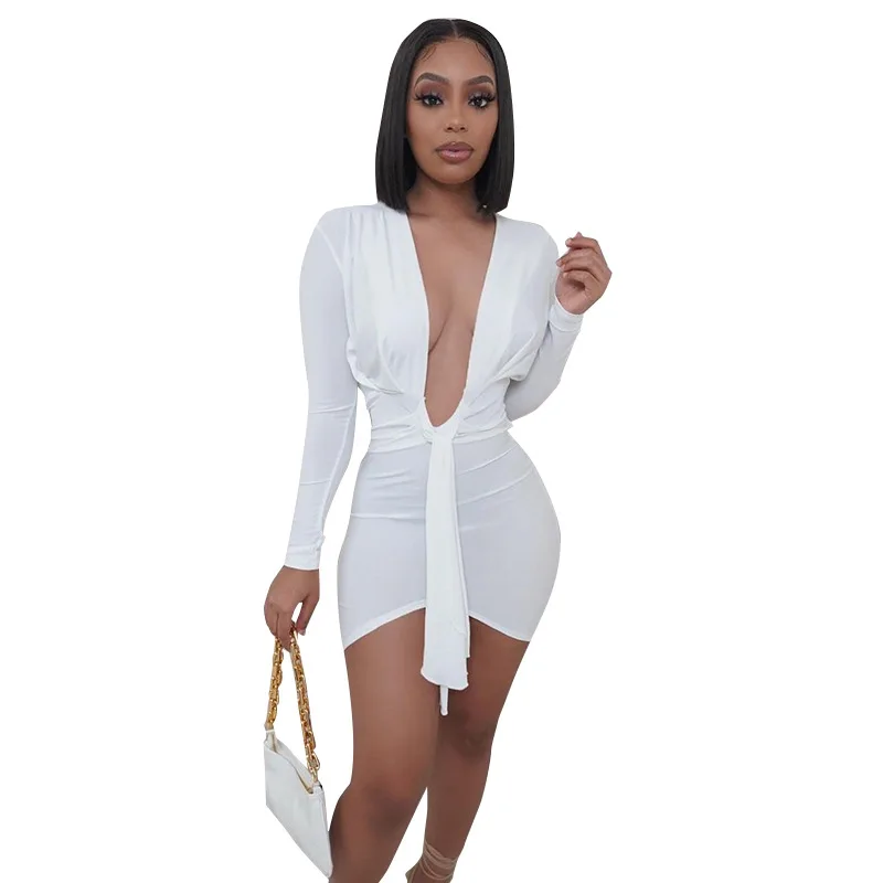 

K21DS203 Summer 2021 Solid Color Long Sleeves Frilled Tassel Dresses Women Clothing