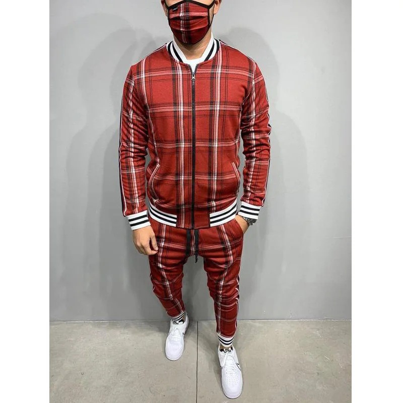 

Hot sale men's casual striped plaid suit jogging fashion exercise jacket and training slim long pants for men Red, Picture