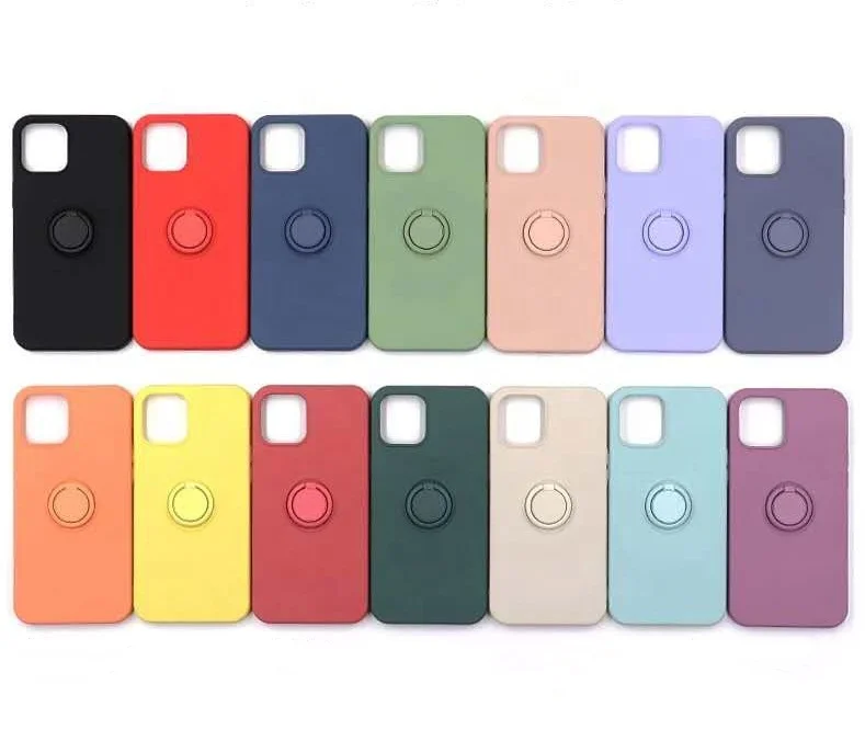 

Silicone Case Liquid Silicon Luxury Metal Ring Holder Mobile Phone Case for iPhone 12 TPU Back Cover, Multi colors