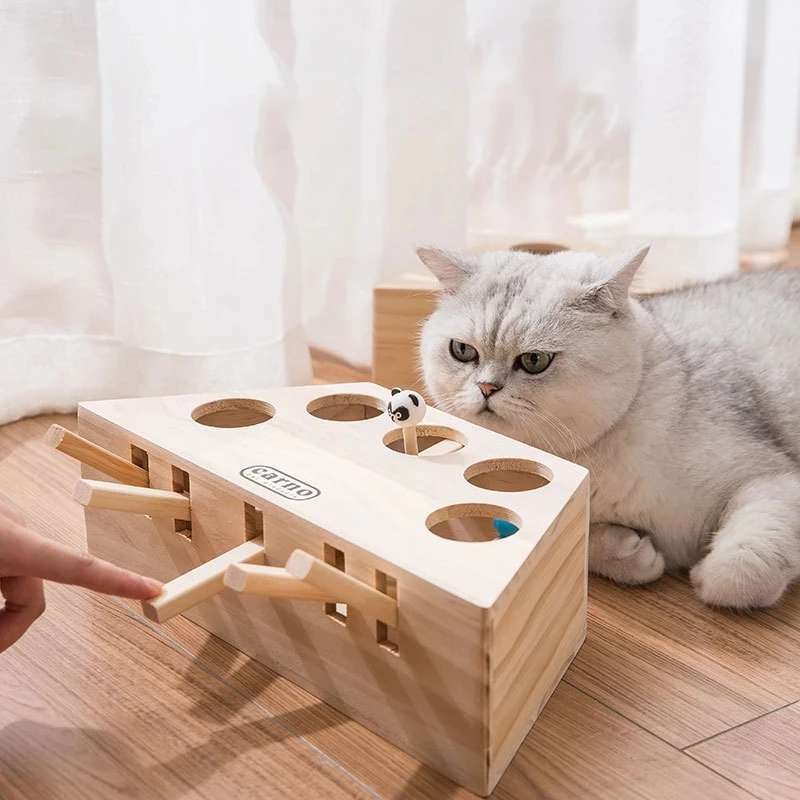 

Cat Hunt Toy Chase Mouse Solid Wooden Interactive Maze Pet Hit Hamster With 3/5-holed Mouse Hole Catch Bite Catnip Funny Toy, As shown