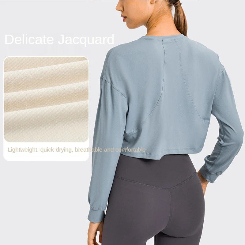 

New arrival Women jacquard yoga clothes loose casual quick dry sports long sleeves outdoor jogging running fitness short top