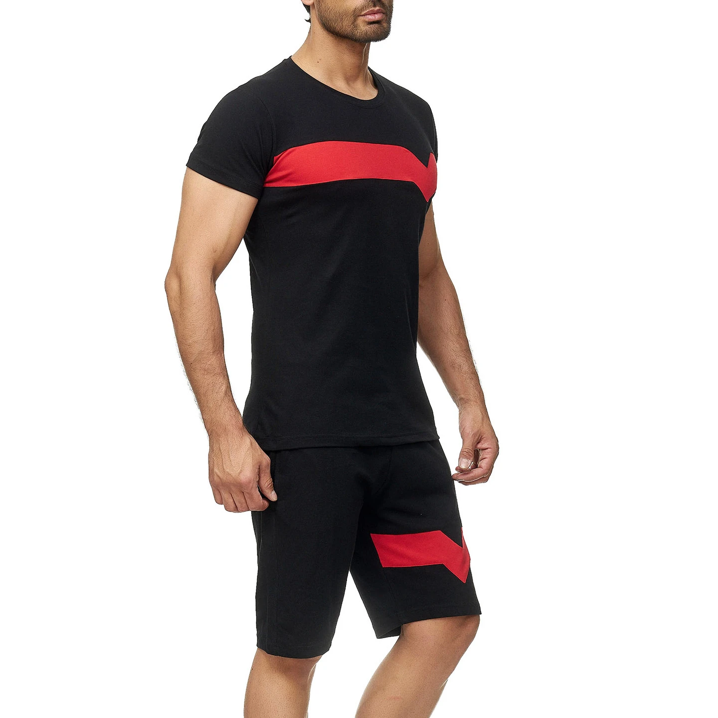 

2021 Summer sports men's short-sleeved cotton color matching casual sportwear jogging suit for men two piece short set, As picture show