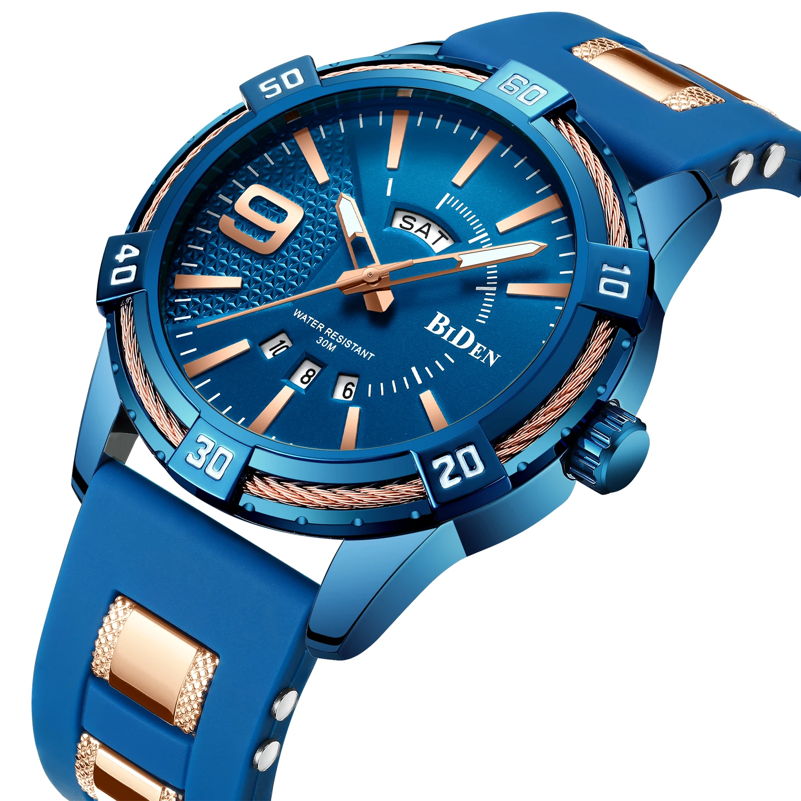 

BIDEN hot sell silicone male waterproof wrist watch IP blue date clock for man watches