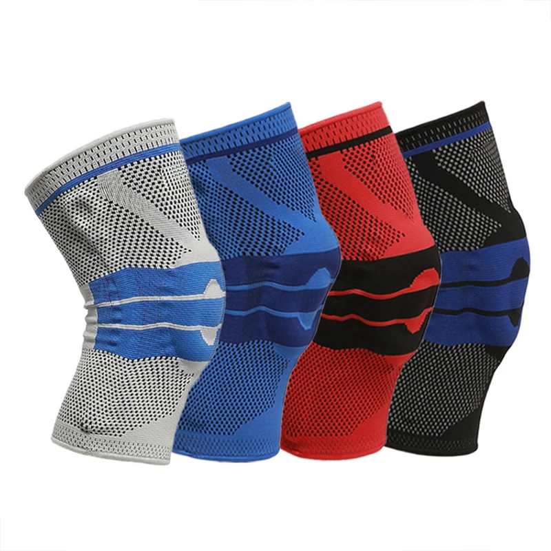 

Nylon 3D Knitted Breathable Knee Brace Patella Protector Silicone Spring Knee Pads Sports Compression Sleeve Knee Support, Grey/ black/blue/red,custom