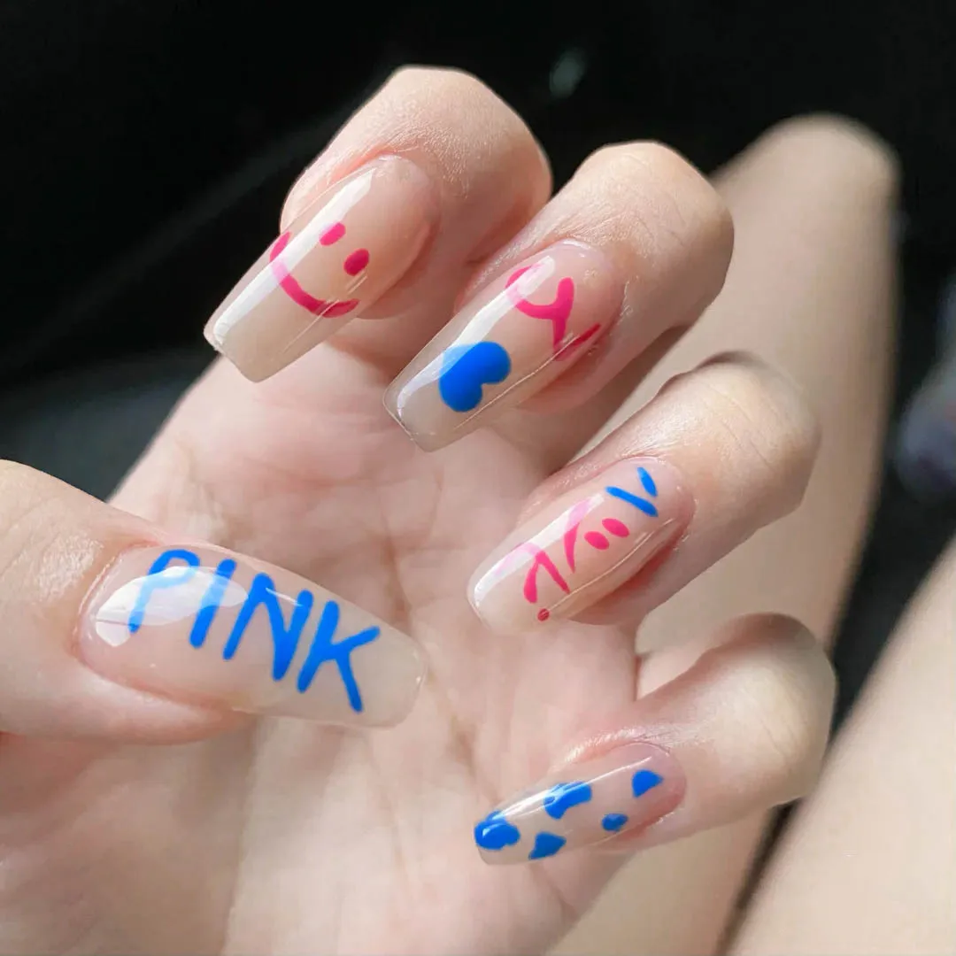 

24 Pcs/Lot Cute Candy Smile Full Cover Daily Fake Nail Tips Long Coffin Nail Art With Glue Artificial Press On False Nails, Nude color