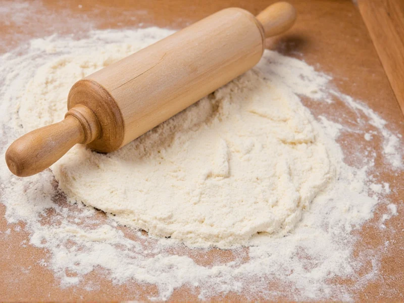 Wooden rolling pin on flour-dusted countertop