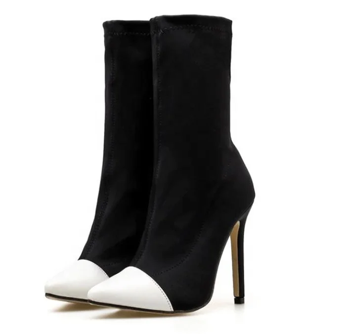 

Point Toe Boot Women's Autumn Boots Large Size Women's Boots Autumn Pointed Elastic Fine High Heels, Black with white