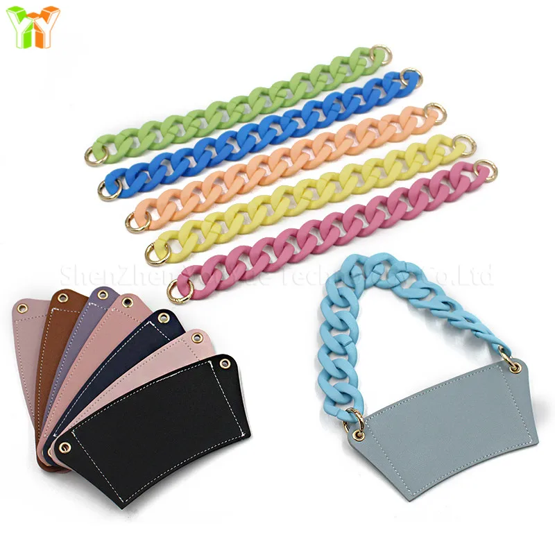 

2021 YY Hot Sale PU Leather Coffee Cup Sleeve Holder DIY Cup Holder Carrier with Acrylic Chain Strap Handle, Pink/black/sky blue/beige/custom