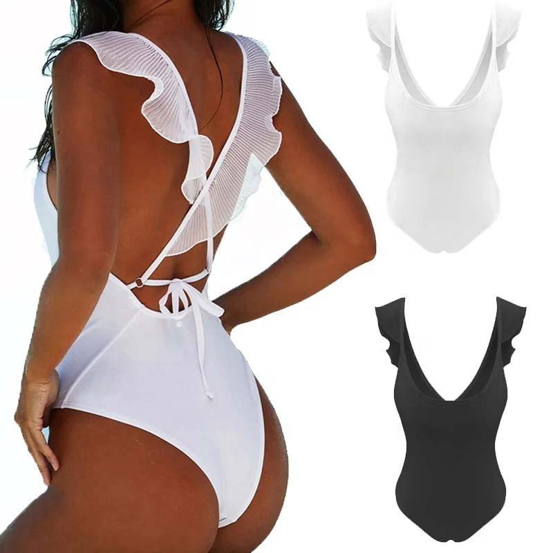 

2020 Fashion Bandage Bathsuit Lace Up Padded Bikini Backless Beachwear One Piece Ruffle Push Up Women's Sexy Monokini Swimwear, Black, white