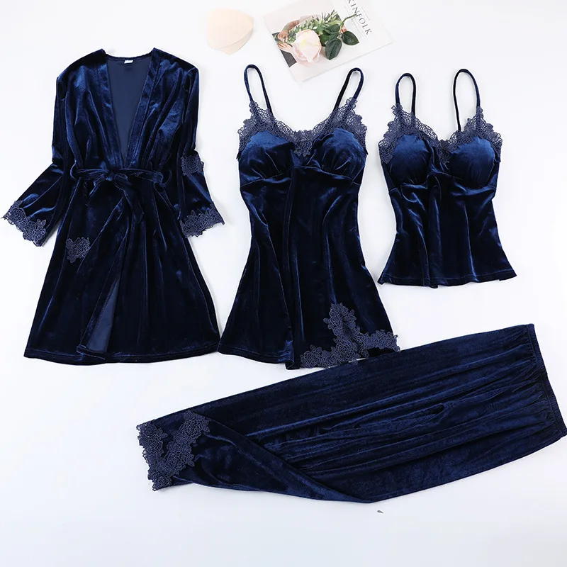 

Women Winter Velvet 4 Piece Sexy Pajamas Set Dressing Gown Lace Sling Shorts Warm Robe Sleepwear