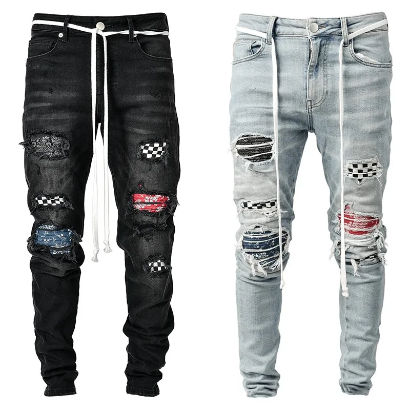 

Fashion High Quality Stylish Black Stacked Belt Super Skinny Men Ripped Street Wear Damage Denim Pants Clothes And Jeans