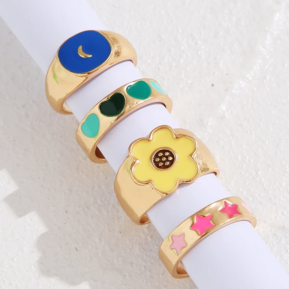 

New fashion love flower ring women's gold drip enamel metal yinyang ring set fashion jewelry