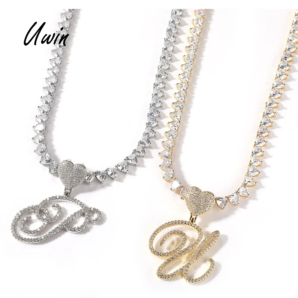 

UWIN Initial Heart Hook Cursive Letter Pendant CZ Necklace with Heart Shape Tennis Chain Rapper Necklace for Women Man