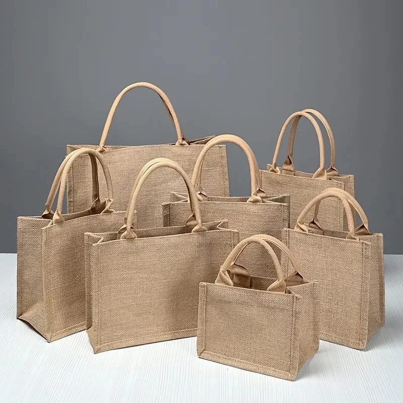 

Wholesale Custom Logo Print Reusable Jute Beach Bag Laminated Jute Shopping Tot Bag Burlap Grocery Bag