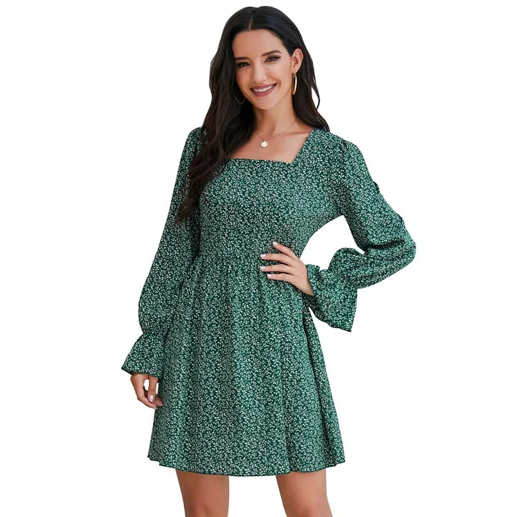 

2021 Fashion Retro Floral Print Long Sleeve Summer Ruffle Vintage New Arrivals Elegant Party Dress For Women