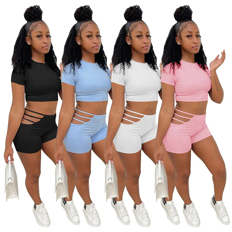 

2021 Fashionable design leisure sport sexy solid color two-piece set sexy solid color outfits short women two pieces sets