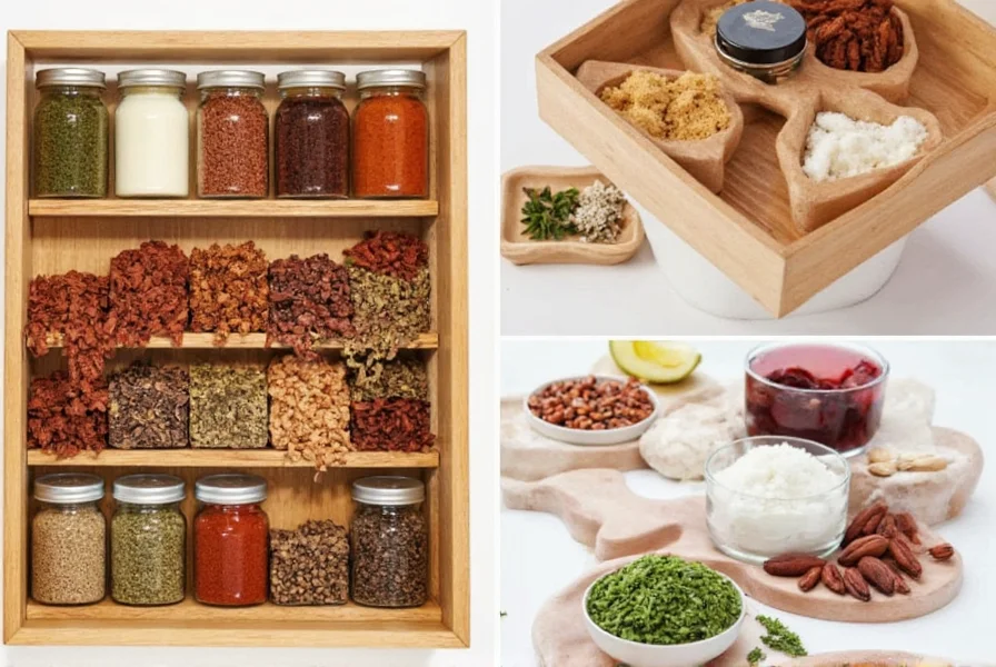 Small rice packet placed inside a spice drawer with other spice containers