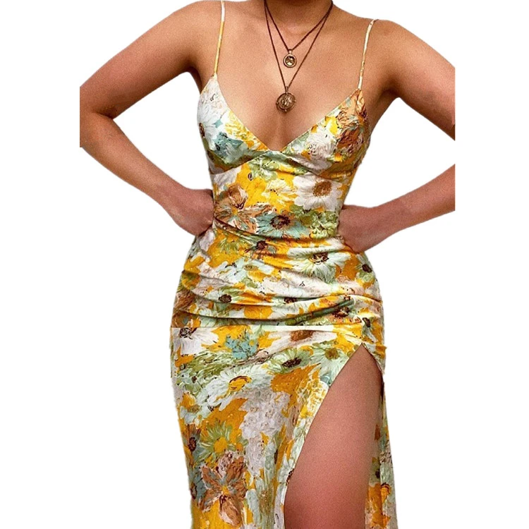 

Bulk wholesale lady fashion floral print slit dress summer cheap