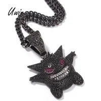 

Hip Hop Mask Purple Black Gengar CZ Jewelry Pokemon Pocket Elf Pendant Cubic Zircon Copper Necklace Iced Out Chain Mens Gift