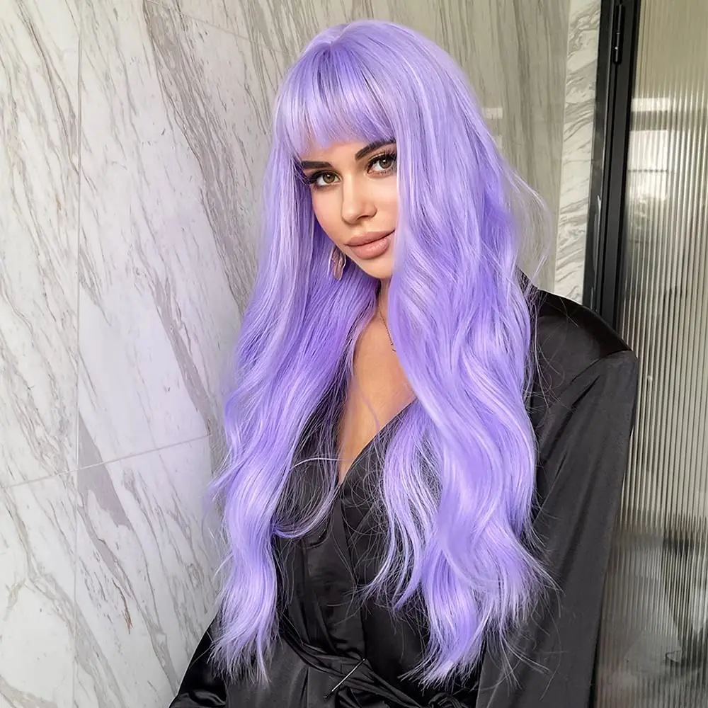 

Long Purple Wigs with Bangs for Women Wavy Wigs Daily Cosplay Party High Temperature Fiber Wigs