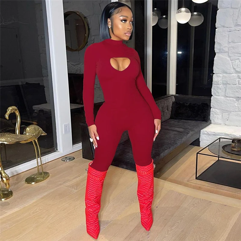 

Women's sexy red hollow out heart shape high waist hip tight casual sports jumpsuit women 2021 winter