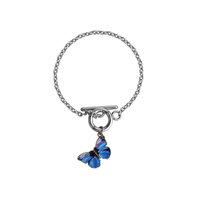 

2021 Fashion Korean Alloy Silver Plated OT Buckle Butterfly Charm Bracelet for Women, Blue