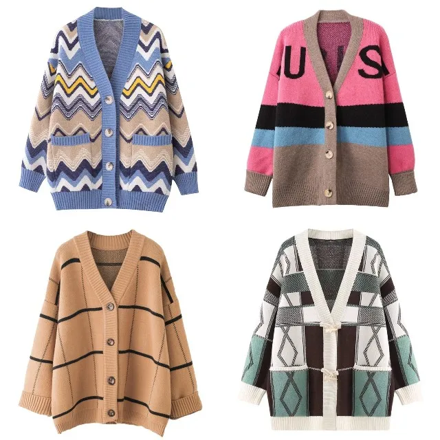 

100% wool autumn winter fashion letter stripe women's cardigan sweater