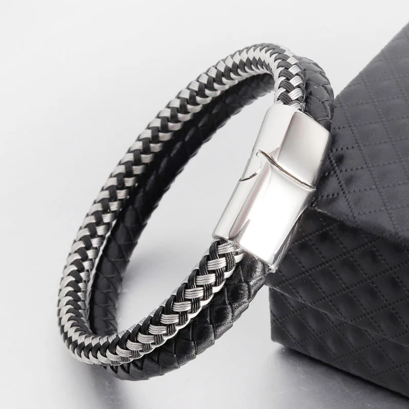 

Wholesale Handmade Bracelet Custom Mens Women silver and black Braided Leather Bracelet