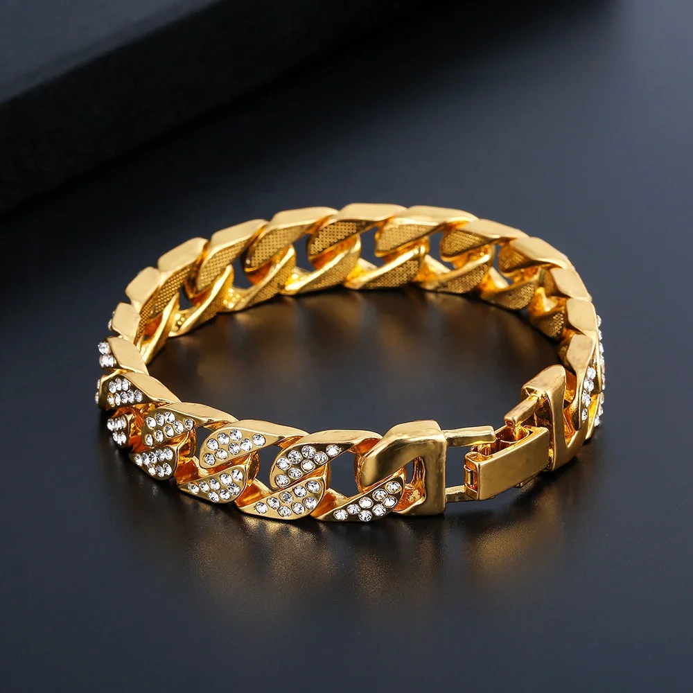 

New Men's Bracelet Hip Hop Miami Cuban Link Gold Iced Out Paved Rhinestones Male Wristband Street Jewelry for Cool Boys