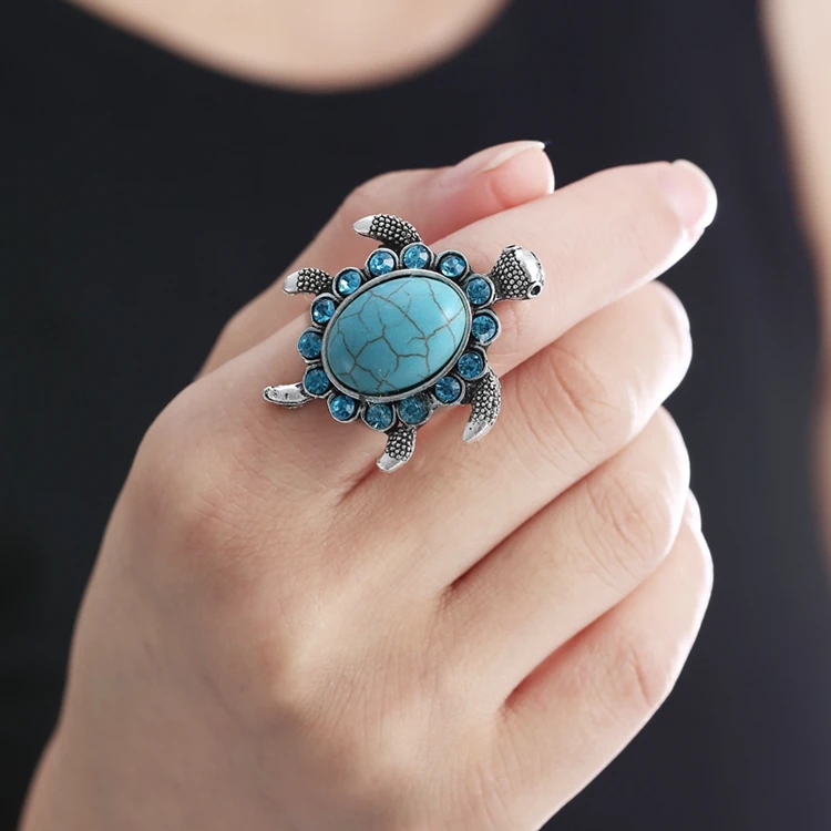 

Retro Girls Gift Turquoise Tortoise Turtle Adjustable Finger Knuckle Rings Jewelry For Women, Blue