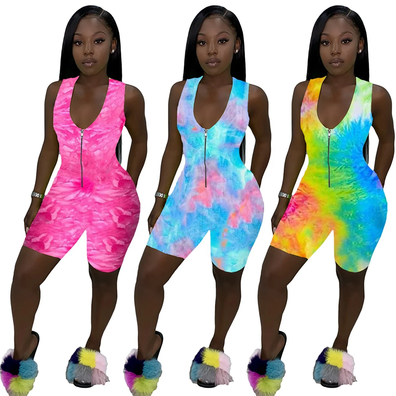 

AI16-551 wholesale burst models women's gradient vest jumpsuit zipper open top one piece set summer rompers