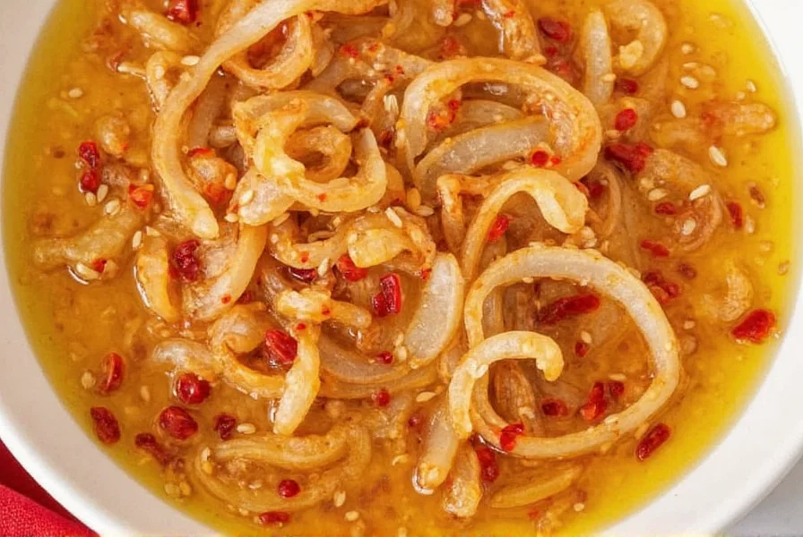 Close-up of Trader Joe's Chili Onion Crunch showing crispy onions and red chili flakes suspended in oil with sesame seeds
