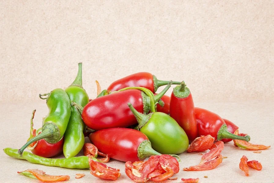 Fresh green serrano peppers in a market