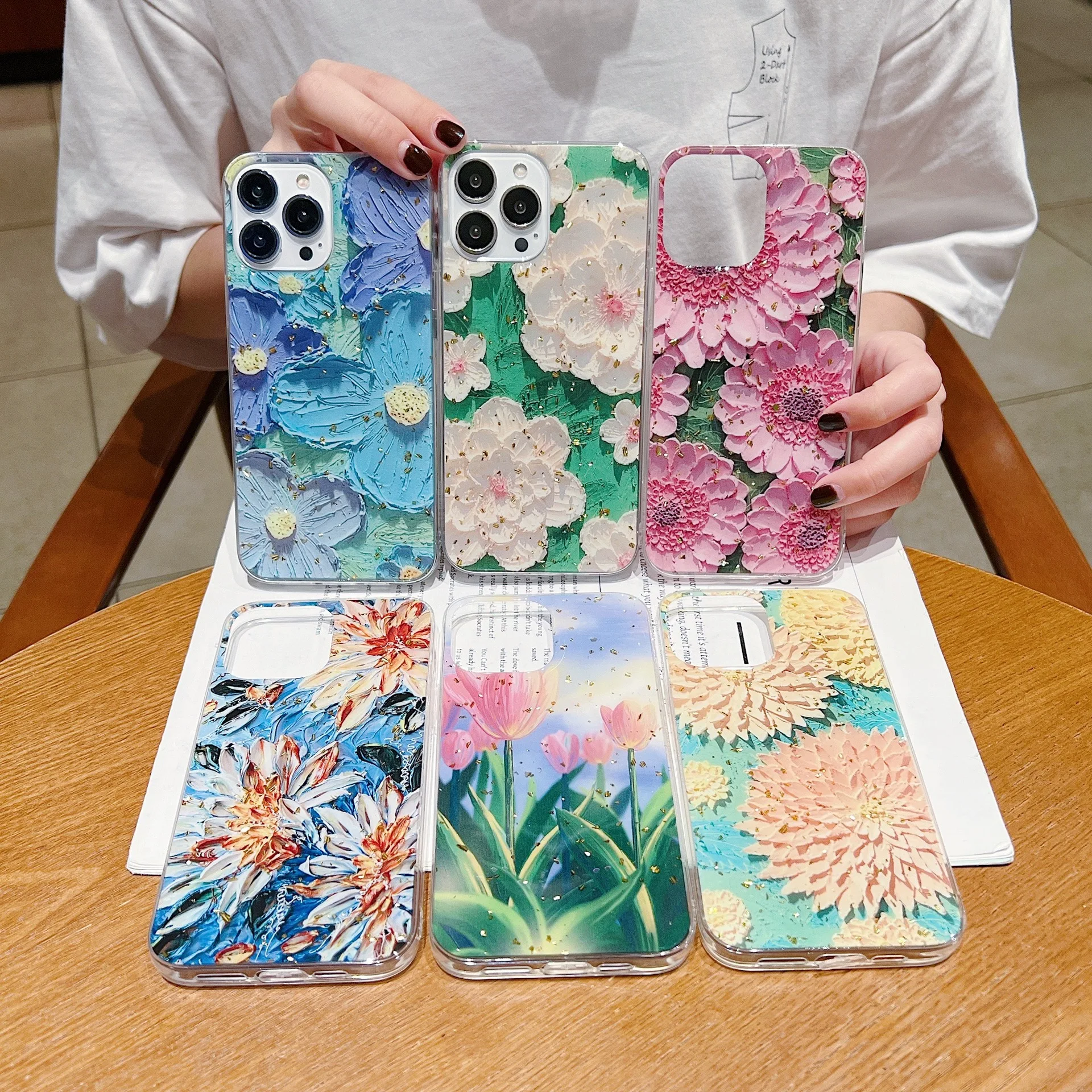 New Arrival Aesthetic Bling Glitter Oil Painting Flower Phone Case For Iphone 11 12 13 14 Pro Max X XS XR 7 8 SE