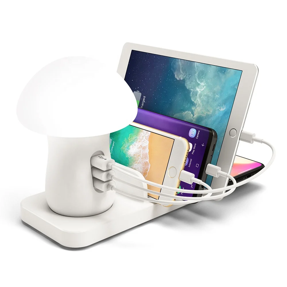 

New Product Ideas 2020 Mushroom Desk Lamp 45W Multi Port USB Charging Station Dock 10W Fast Qi Wireless Charger for Smart Phones