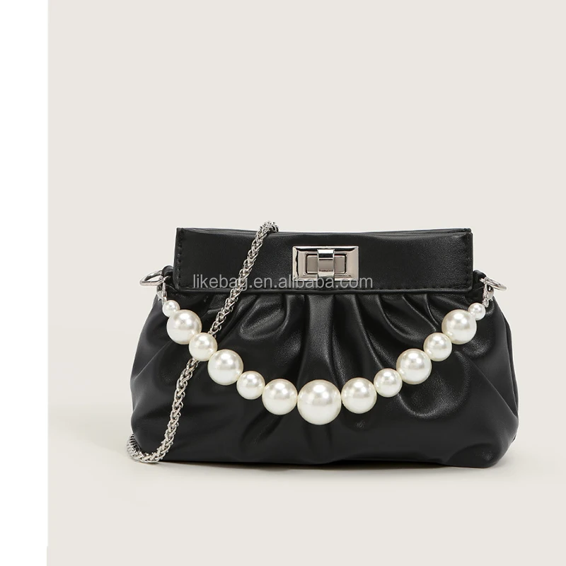 

LIKEBAG fashion pearl chain cloud soft leather folds small fragrant style messenger handbag shoulder underarm bag for women